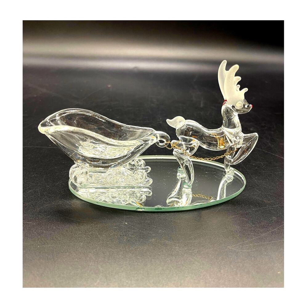 Pier 1 Imports Glass Christmas Reindeer & Sleigh on Mirror Base with Orig Box